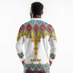 Happy Ethiopian Timkat Long Sleeve Polo Shirt Cross Mix Tilet Pattern