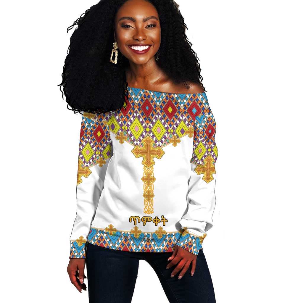 Happy Ethiopian Timkat Off Shoulder Sweater Cross Mix Tilet Pattern