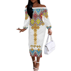 Happy Ethiopian Timkat Off The Shoulder Long Sleeve Dress Cross Mix Tilet Pattern