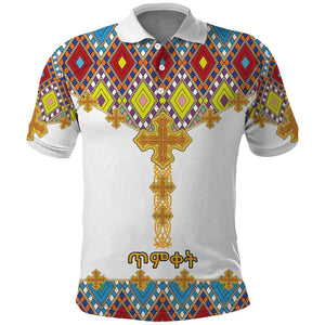 Happy Ethiopian Timkat Polo Shirt Cross Mix Tilet Pattern