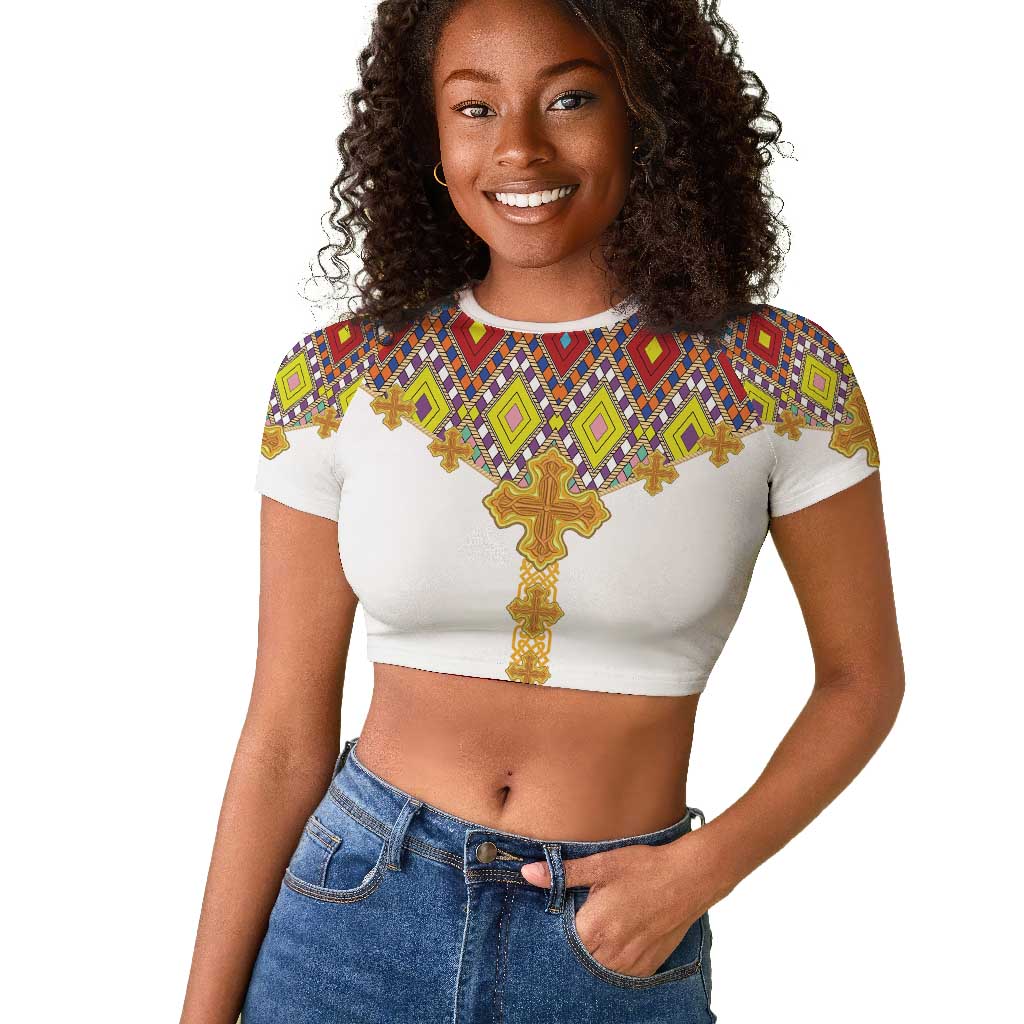 Happy Ethiopian Timkat Raglan Cropped T shirt Cross Mix Tilet Pattern