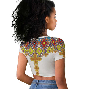 Happy Ethiopian Timkat Raglan Cropped T shirt Cross Mix Tilet Pattern