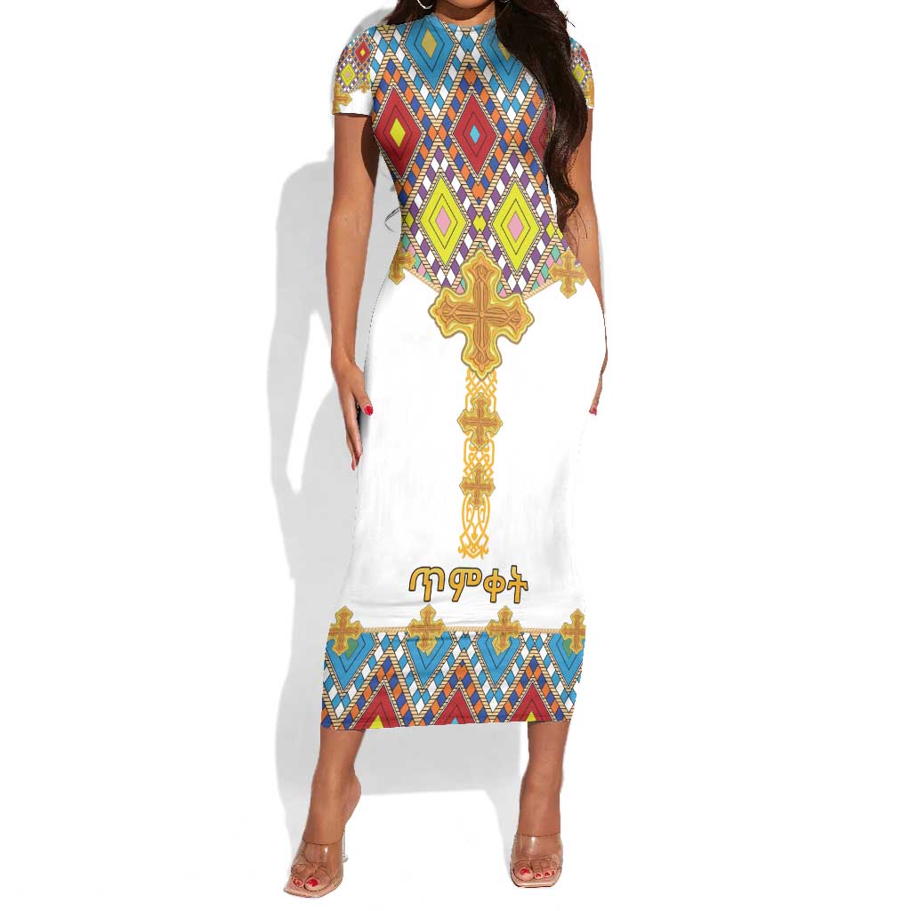 Happy Ethiopian Timkat Short Sleeve Bodycon Dress Cross Mix Tilet Pattern