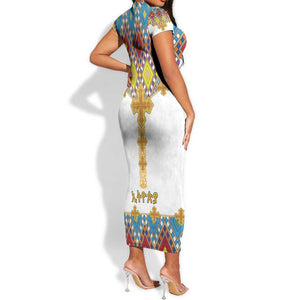 Happy Ethiopian Timkat Short Sleeve Bodycon Dress Cross Mix Tilet Pattern