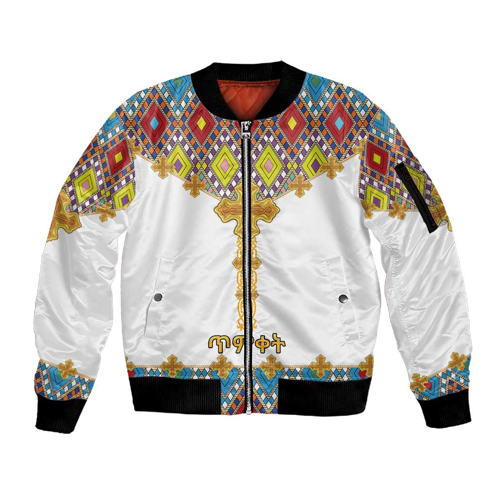 Happy Ethiopian Timkat Sleeve Zip Bomber Jacket Cross Mix Tilet Pattern