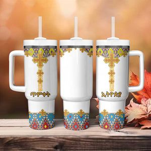 Happy Ethiopian Timkat Tumbler With Handle Cross Mix Tilet Pattern