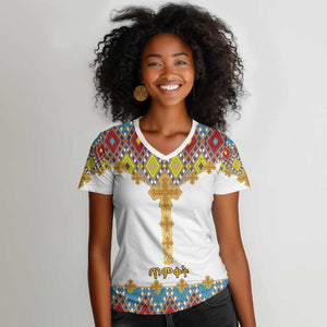 Happy Ethiopian Timkat Women V-Neck T-Shirt Cross Mix Tilet Pattern