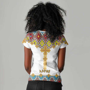 Happy Ethiopian Timkat Women V-Neck T-Shirt Cross Mix Tilet Pattern