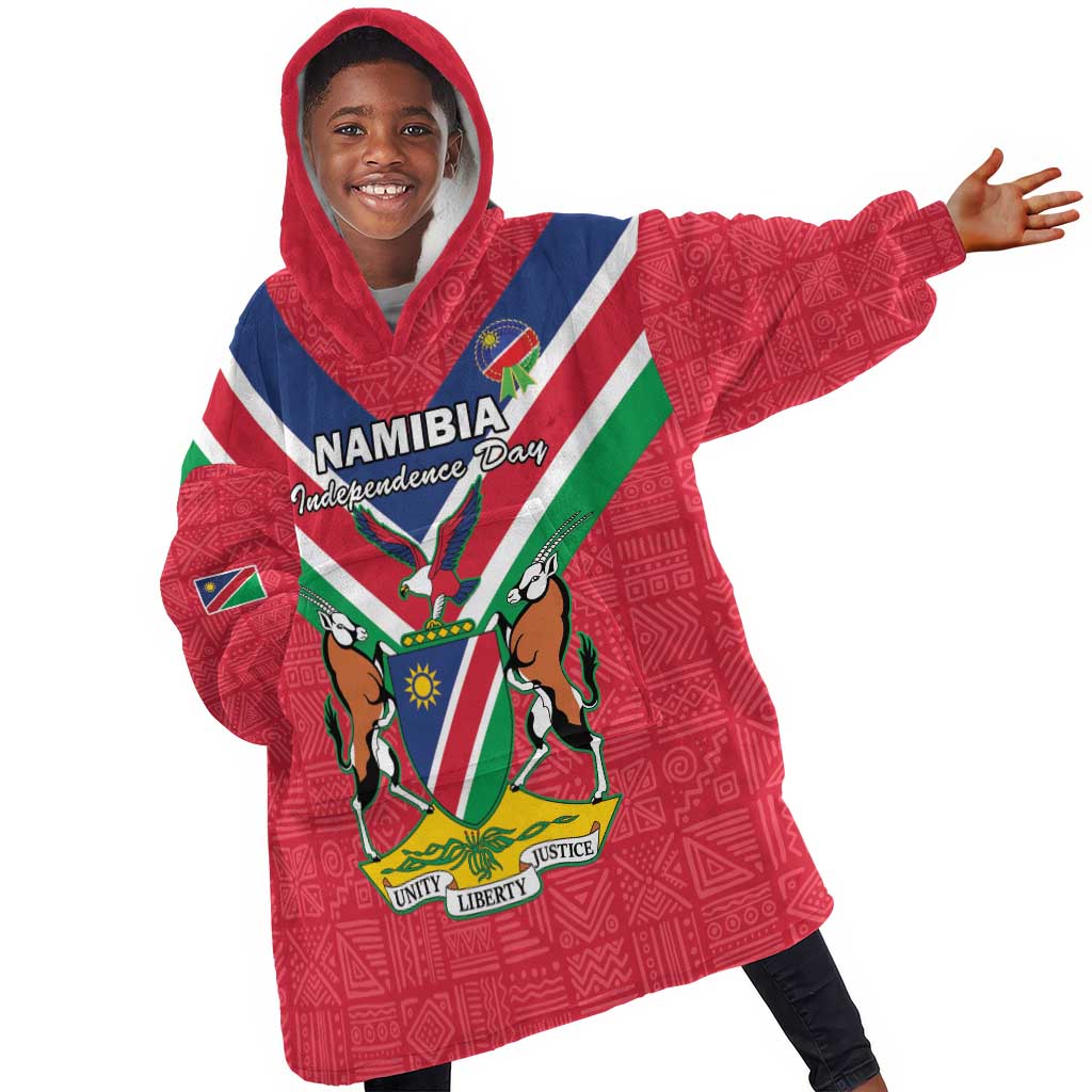 Personalised Namibia Kid Wearable Blanket Hoodie Coat Of Arms With Flag Map - Happy Independence Day