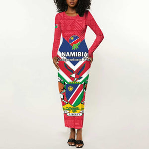 Personalised Namibia Long Sleeve Bodycon Dress Coat Of Arms With Flag Map - Happy Independence Day