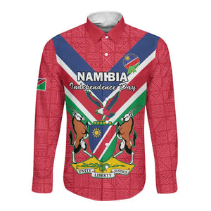 Personalised Namibia Long Sleeve Button Shirt Coat Of Arms With Flag Map - Happy Independence Day