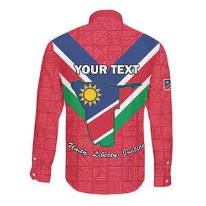 Personalised Namibia Long Sleeve Button Shirt Coat Of Arms With Flag Map - Happy Independence Day