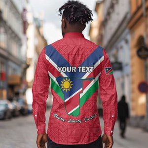 Personalised Namibia Long Sleeve Button Shirt Coat Of Arms With Flag Map - Happy Independence Day