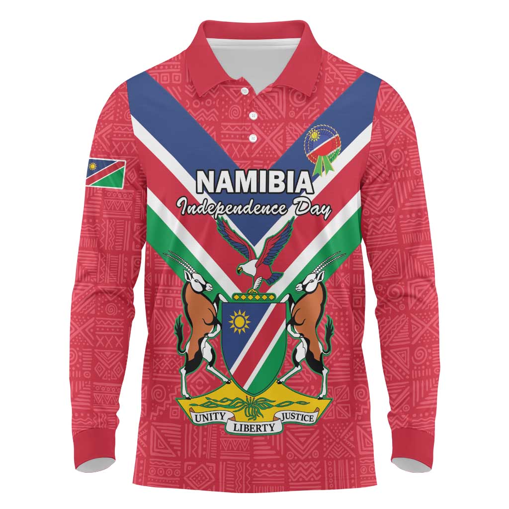 Personalised Namibia Long Sleeve Polo Shirt Coat Of Arms With Flag Map - Happy Independence Day