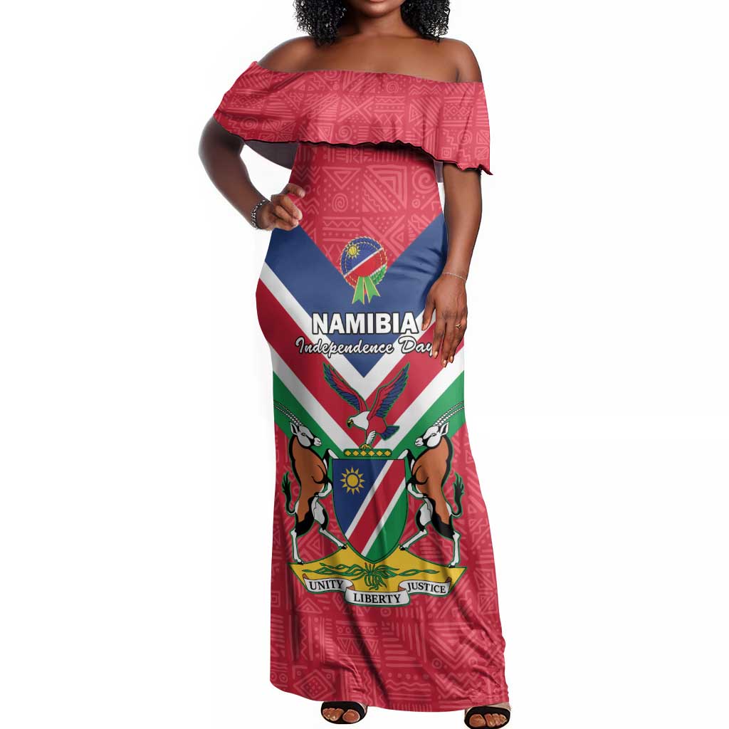 Personalised Namibia Off Shoulder Maxi Dress Coat Of Arms With Flag Map - Happy Independence Day