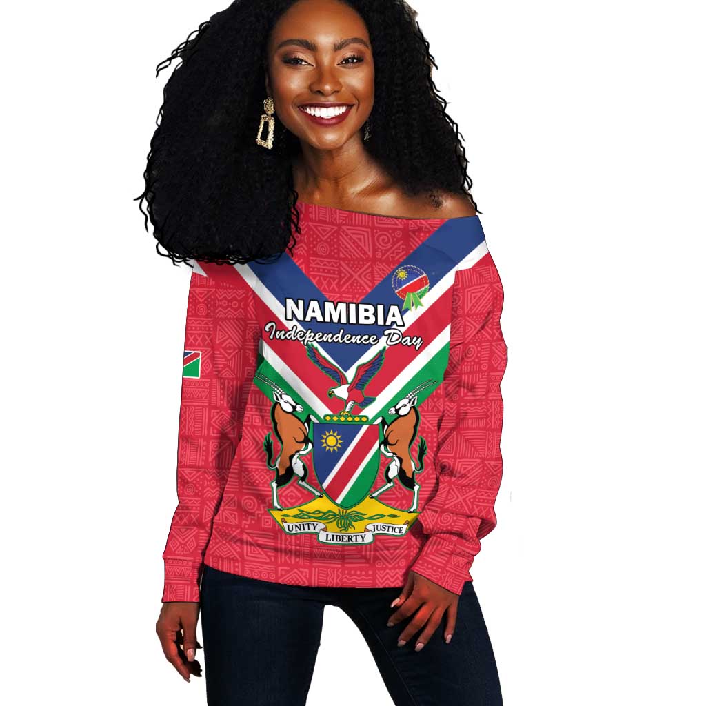 Personalised Namibia Off Shoulder Sweater Coat Of Arms With Flag Map - Happy Independence Day