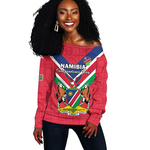 Personalised Namibia Off Shoulder Sweater Coat Of Arms With Flag Map - Happy Independence Day