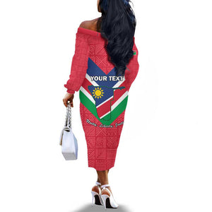 Personalised Namibia Off The Shoulder Long Sleeve Dress Coat Of Arms With Flag Map - Happy Independence Day