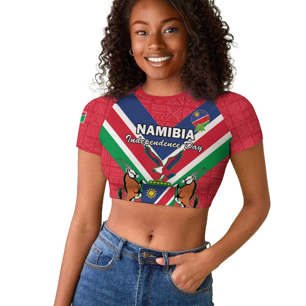 Personalised Namibia Raglan Cropped T shirt Coat Of Arms With Flag Map - Happy Independence Day