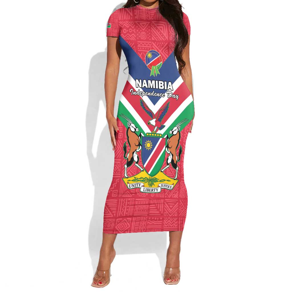 Personalised Namibia Short Sleeve Bodycon Dress Coat Of Arms With Flag Map - Happy Independence Day