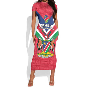 Personalised Namibia Short Sleeve Bodycon Dress Coat Of Arms With Flag Map - Happy Independence Day