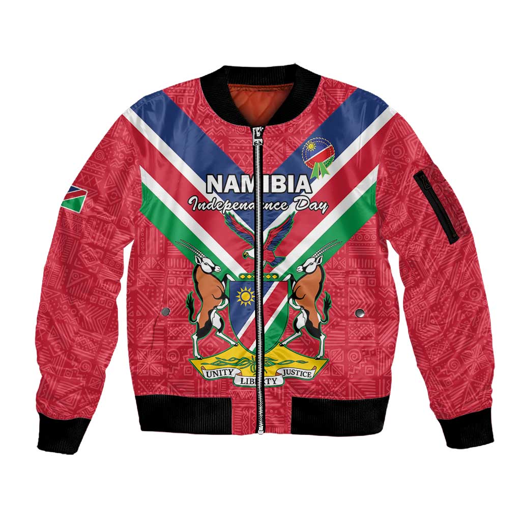 Personalised Namibia Sleeve Zip Bomber Jacket Coat Of Arms With Flag Map - Happy Independence Day