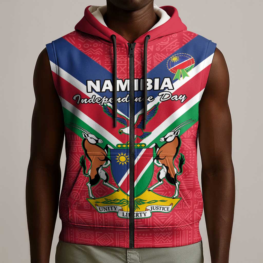 Personalised Namibia Sleeveless Zip Hoodie Coat Of Arms With Flag Map - Happy Independence Day - African Pride