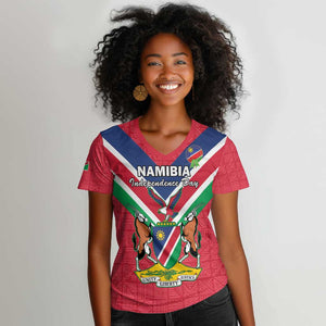 Personalised Namibia Women V-Neck T-Shirt Coat Of Arms With Flag Map - Happy Independence Day