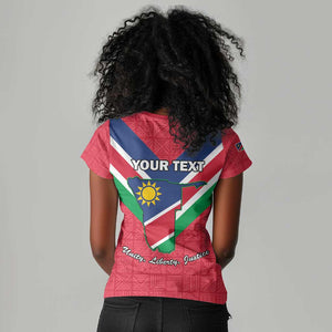 Personalised Namibia Women V-Neck T-Shirt Coat Of Arms With Flag Map - Happy Independence Day