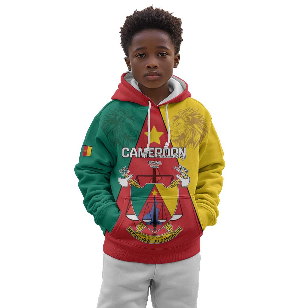 Personalised Cameroon National Day Kid Hoodie Lion Mix Coat Of Arms Style