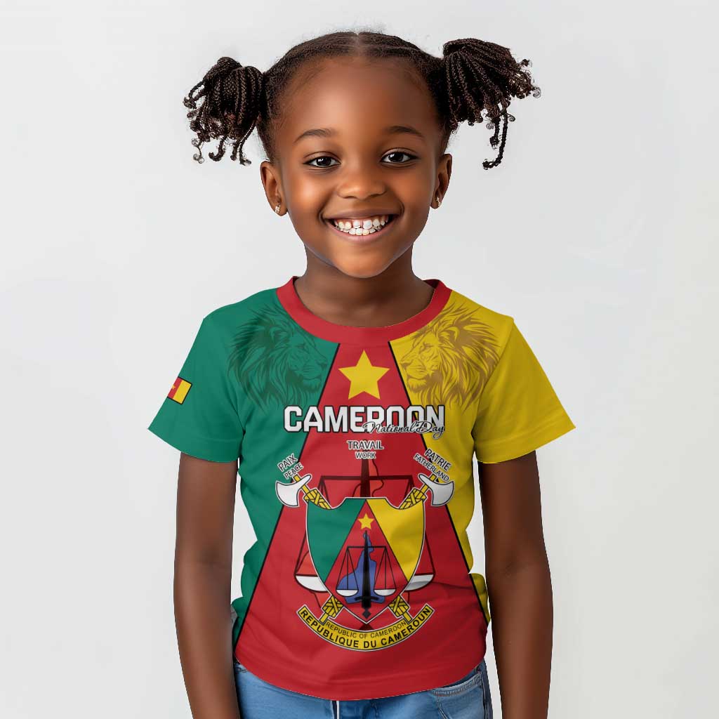 Personalised Cameroon National Day Kid T shirt Lion Mix Coat Of Arms Style