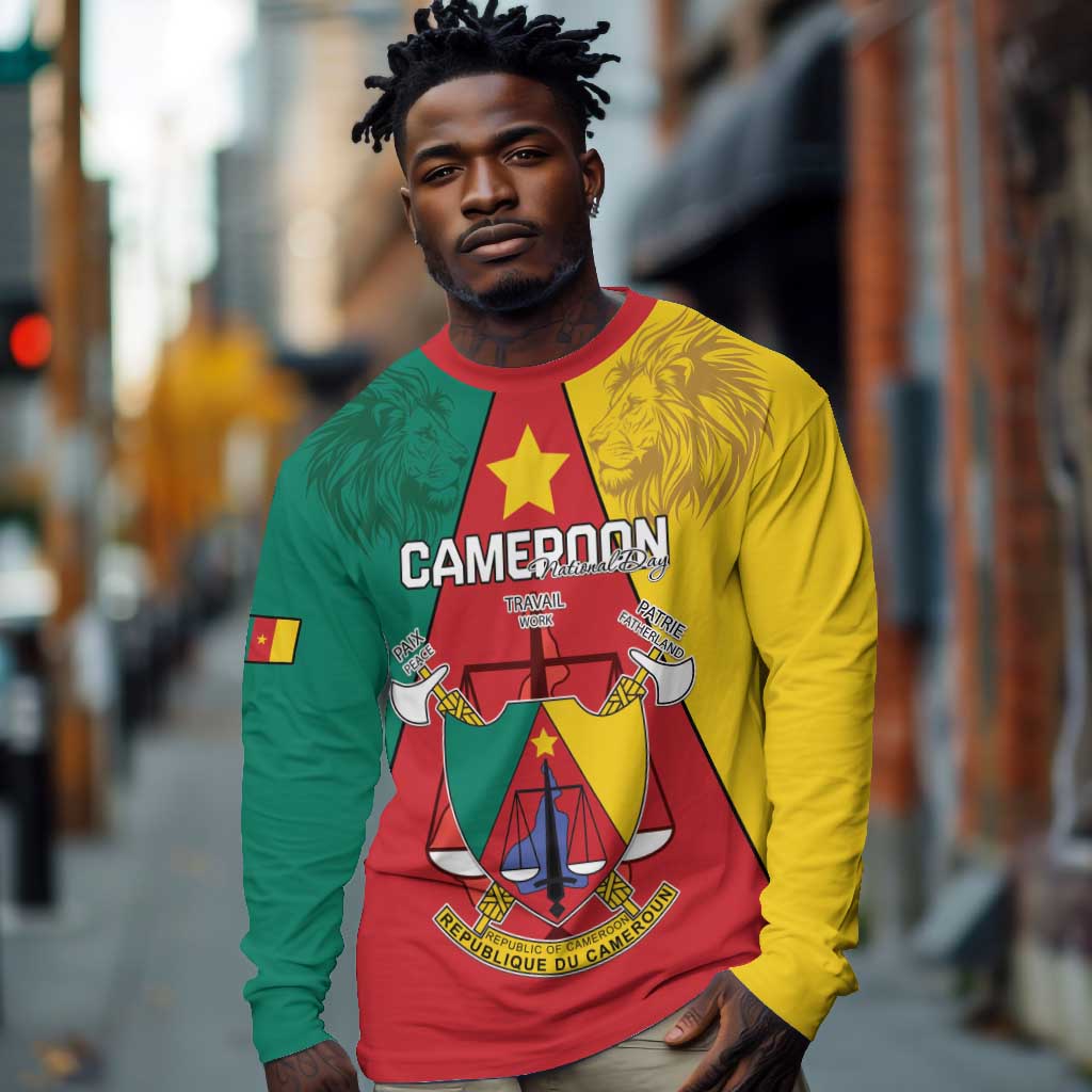 Personalised Cameroon National Day Long Sleeve Shirt Lion Mix Coat Of Arms Style