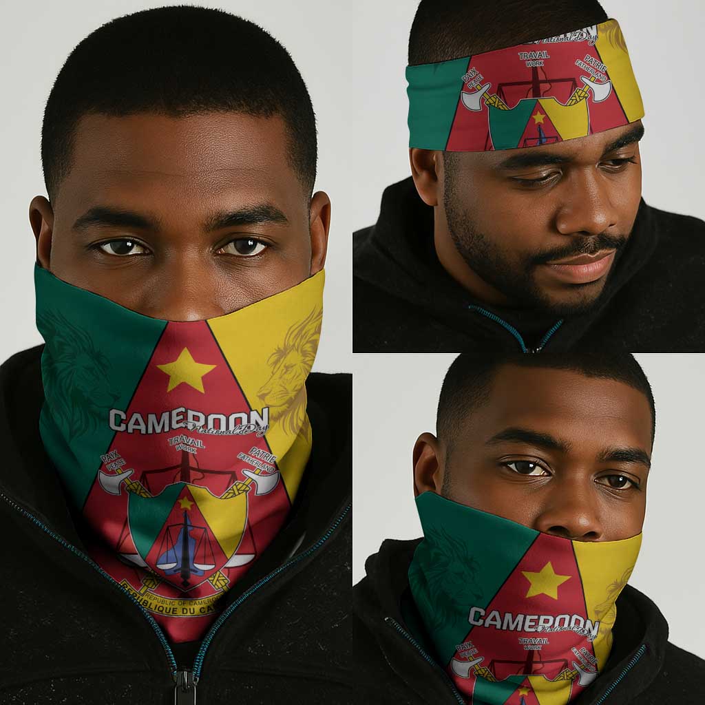 Cameroon National Day Neck Gaiter Lion Mix Coat Of Arms Style LT15