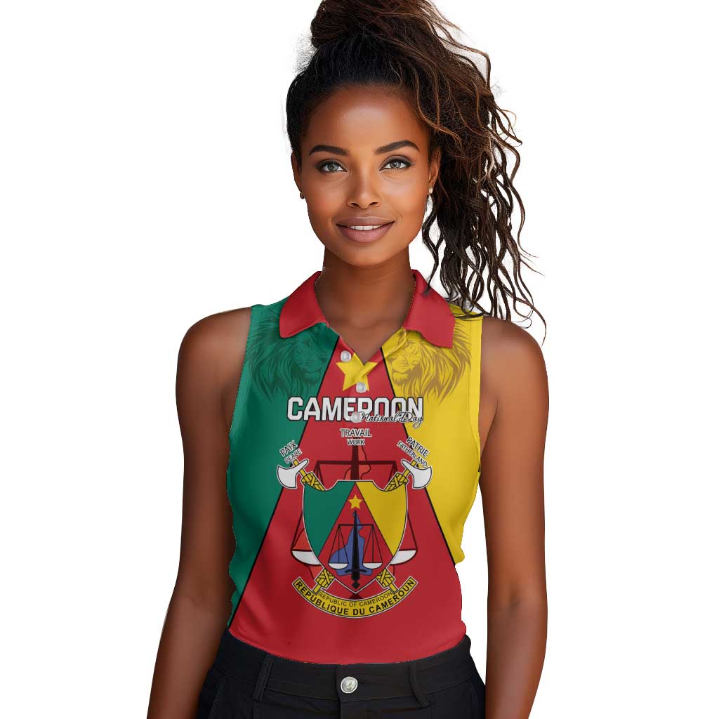 Personalised Cameroon National Day Women Sleeveless Polo Shirt Lion Mix Coat Of Arms Style