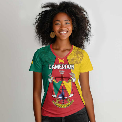 Personalised Cameroon National Day Women V-Neck T-Shirt Lion Mix Coat Of Arms Style