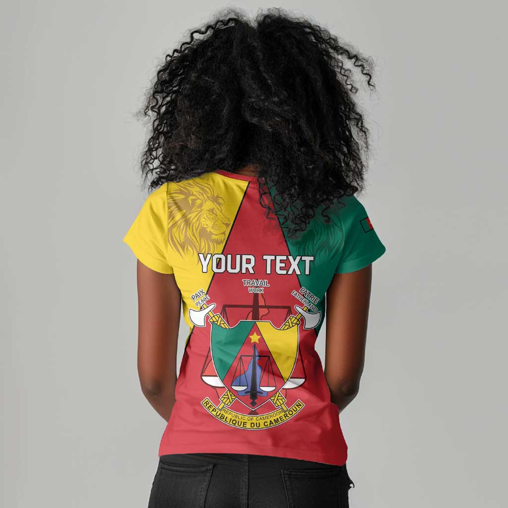 Personalised Cameroon National Day Women V-Neck T-Shirt Lion Mix Coat Of Arms Style