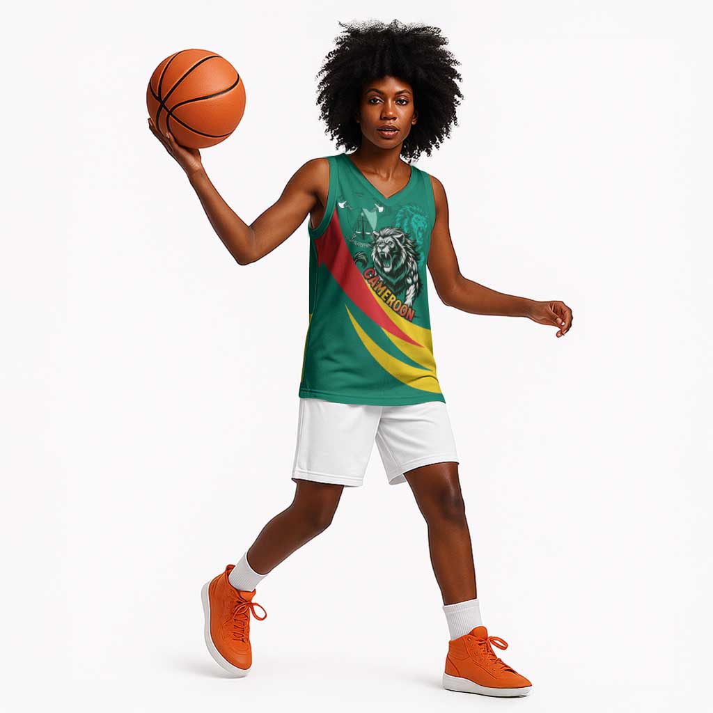 Personalised Happy Cameroon National Day Basketball Jersey Lion With Coat Of Arms - Curve Style LT15