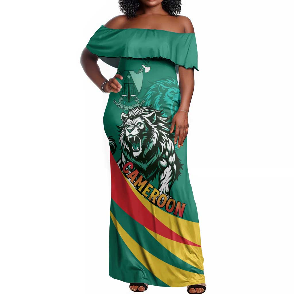 Personalised Happy Cameroon National Day Off Shoulder Maxi Dress Lion With Coat Of Arms - Curve Style