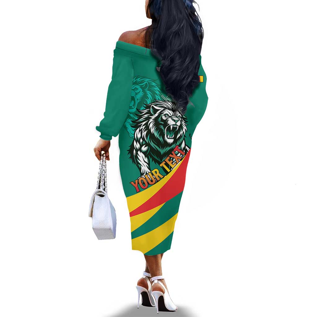 Personalised Happy Cameroon National Day Off The Shoulder Long Sleeve Dress Lion With Coat Of Arms - Curve Style