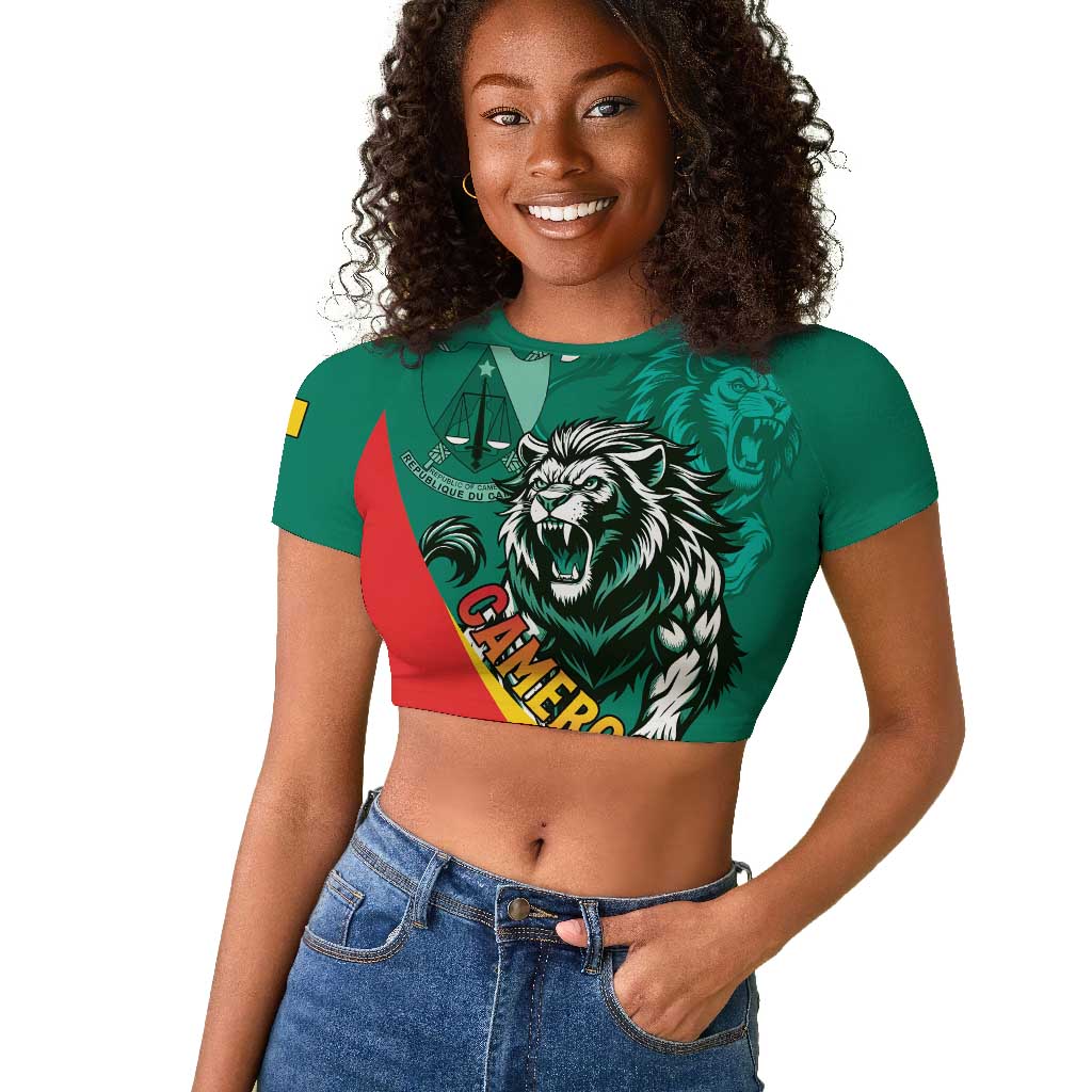 Personalised Happy Cameroon National Day Raglan Cropped T shirt Lion With Coat Of Arms - Curve Style