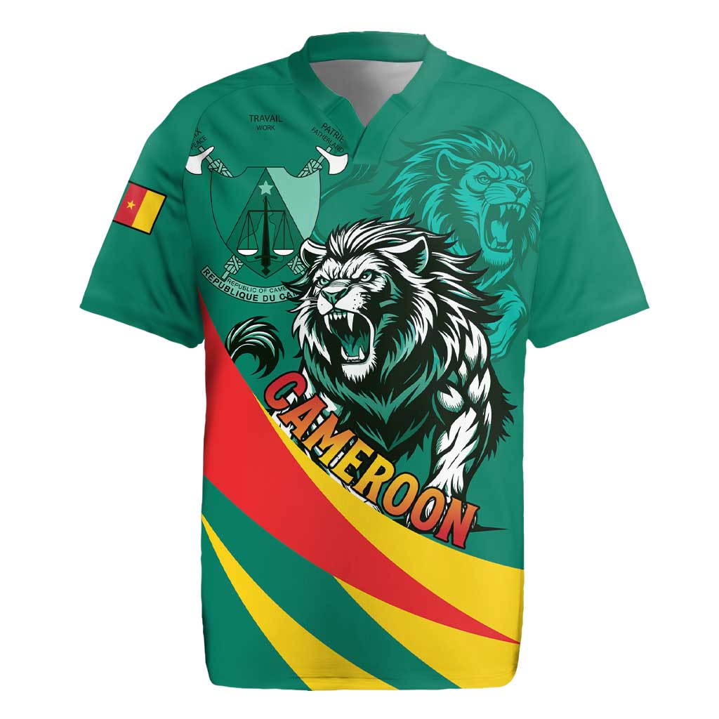Personalised Happy Cameroon National Day Rugby Jersey Lion With Coat Of Arms - Curve Style