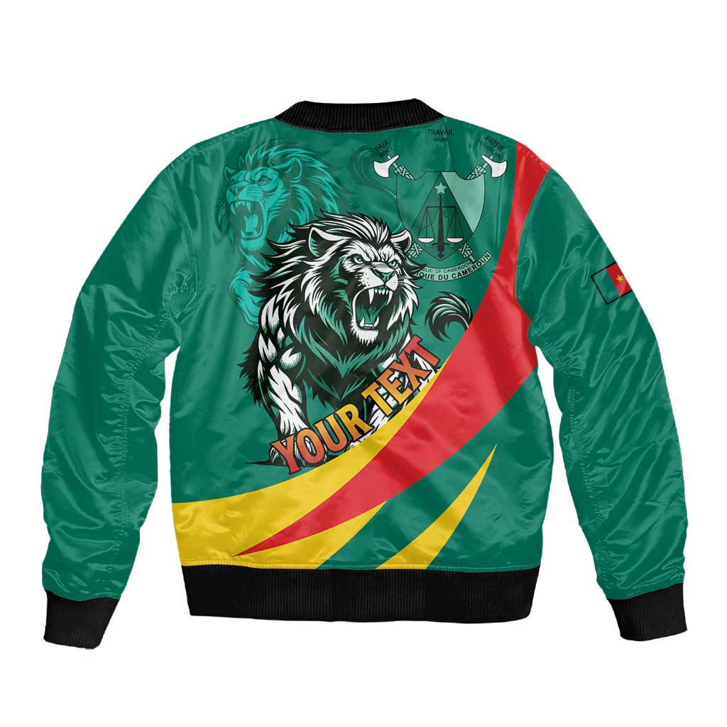 Personalised Happy Cameroon National Day Sleeve Zip Bomber Jacket Lion With Coat Of Arms - Curve Style