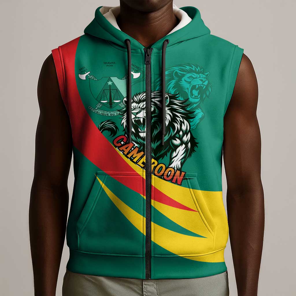 Personalised Happy Cameroon National Day Sleeveless Zip Hoodie Lion With Coat Of Arms - Curve Style - African Pride