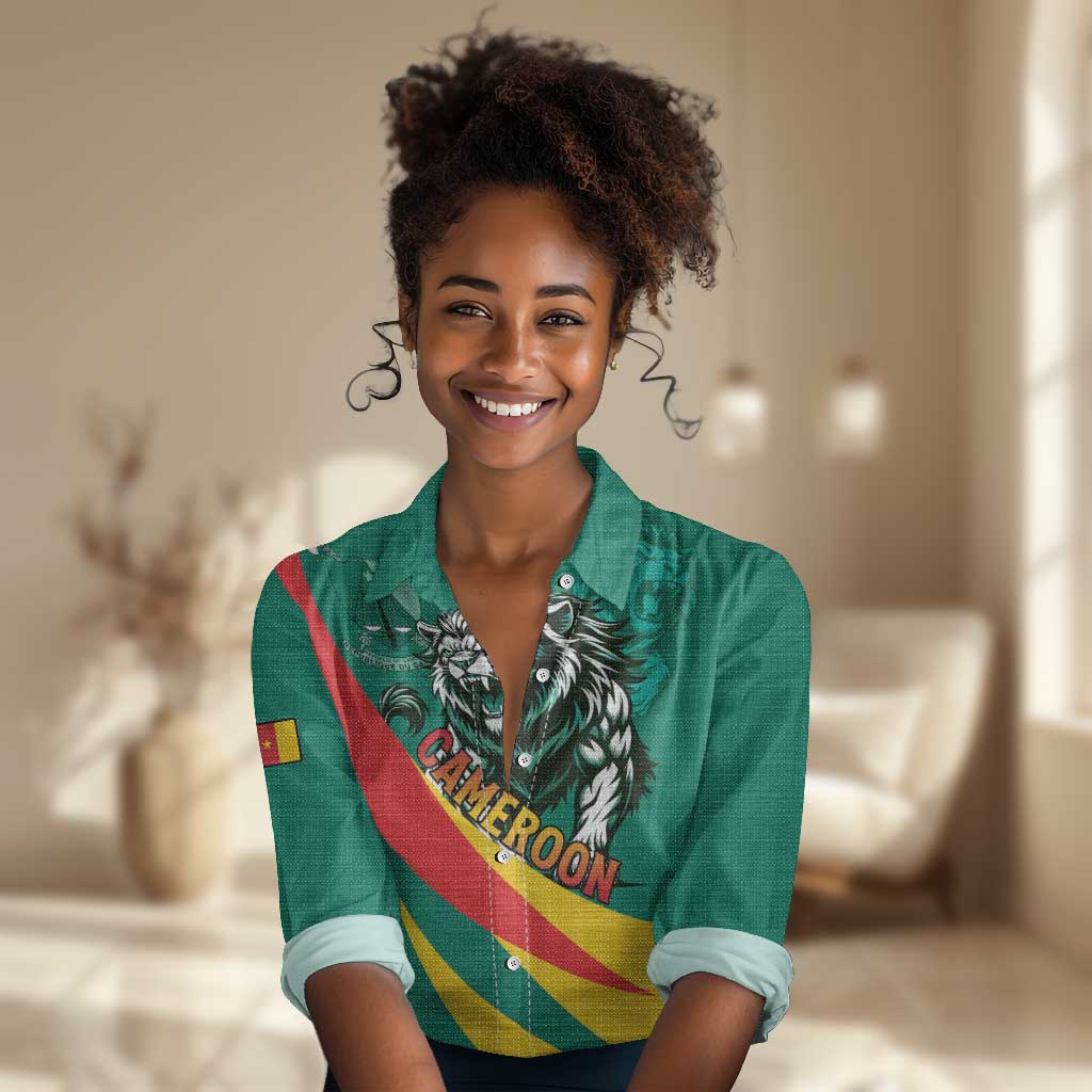 Personalised Happy Cameroon National Day Women Casual Shirt Lion With Coat Of Arms - Curve Style