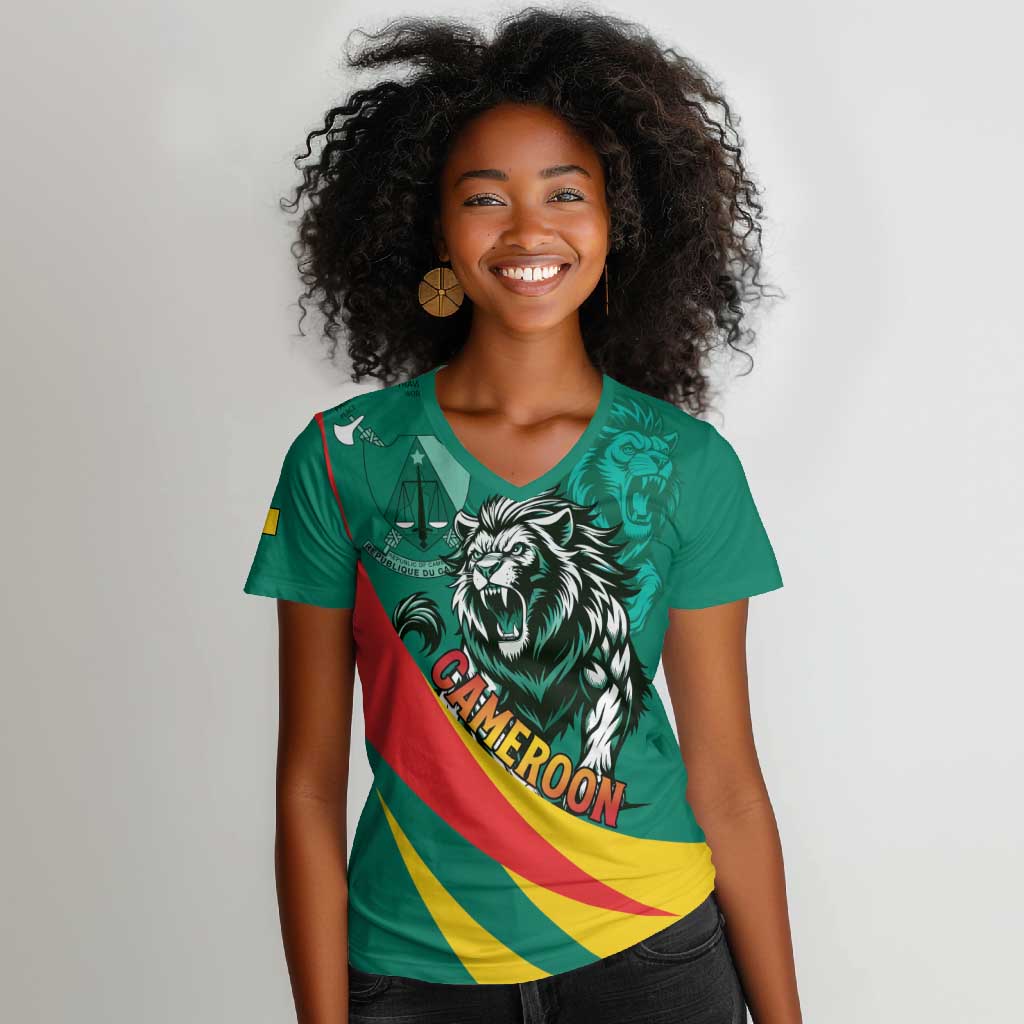 Personalised Happy Cameroon National Day Women V-Neck T-Shirt Lion With Coat Of Arms - Curve Style