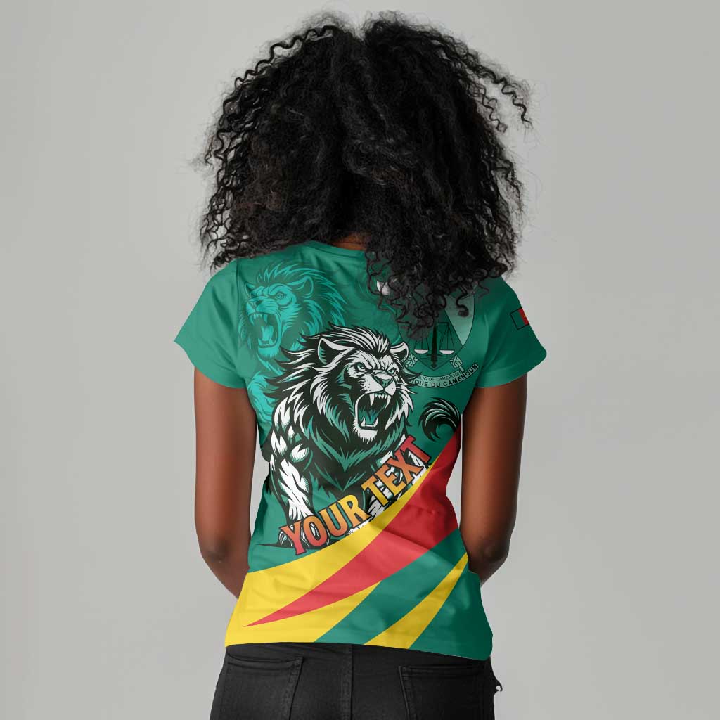 Personalised Happy Cameroon National Day Women V-Neck T-Shirt Lion With Coat Of Arms - Curve Style