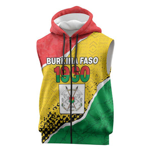 Personalized Happy Burkina Faso Sleeveless Zip Hoodie Independence Day - Bogolan Pattern - African Pride