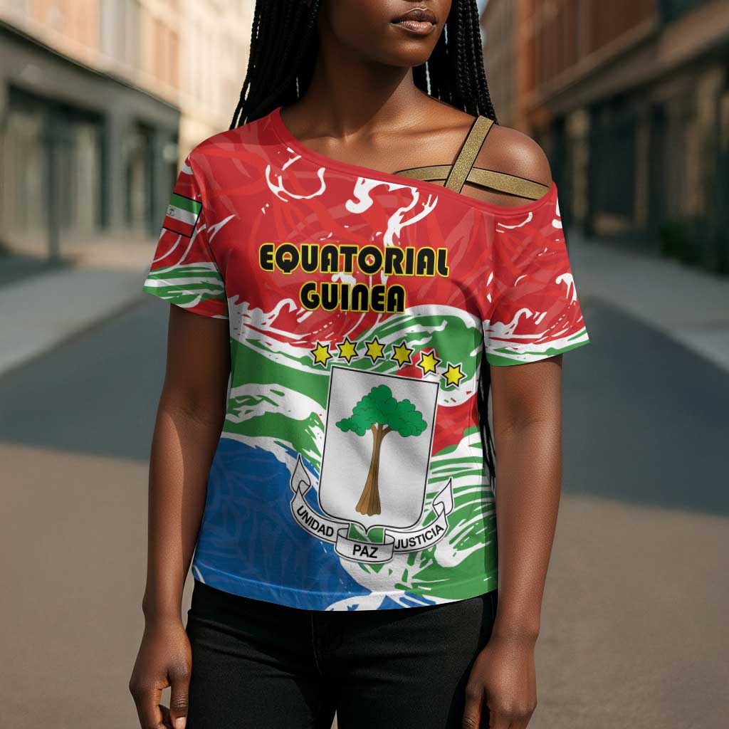 Personalized Equatorial Guinea Independence Day Cross Shoulder Shirt Coat Of Arms With Map