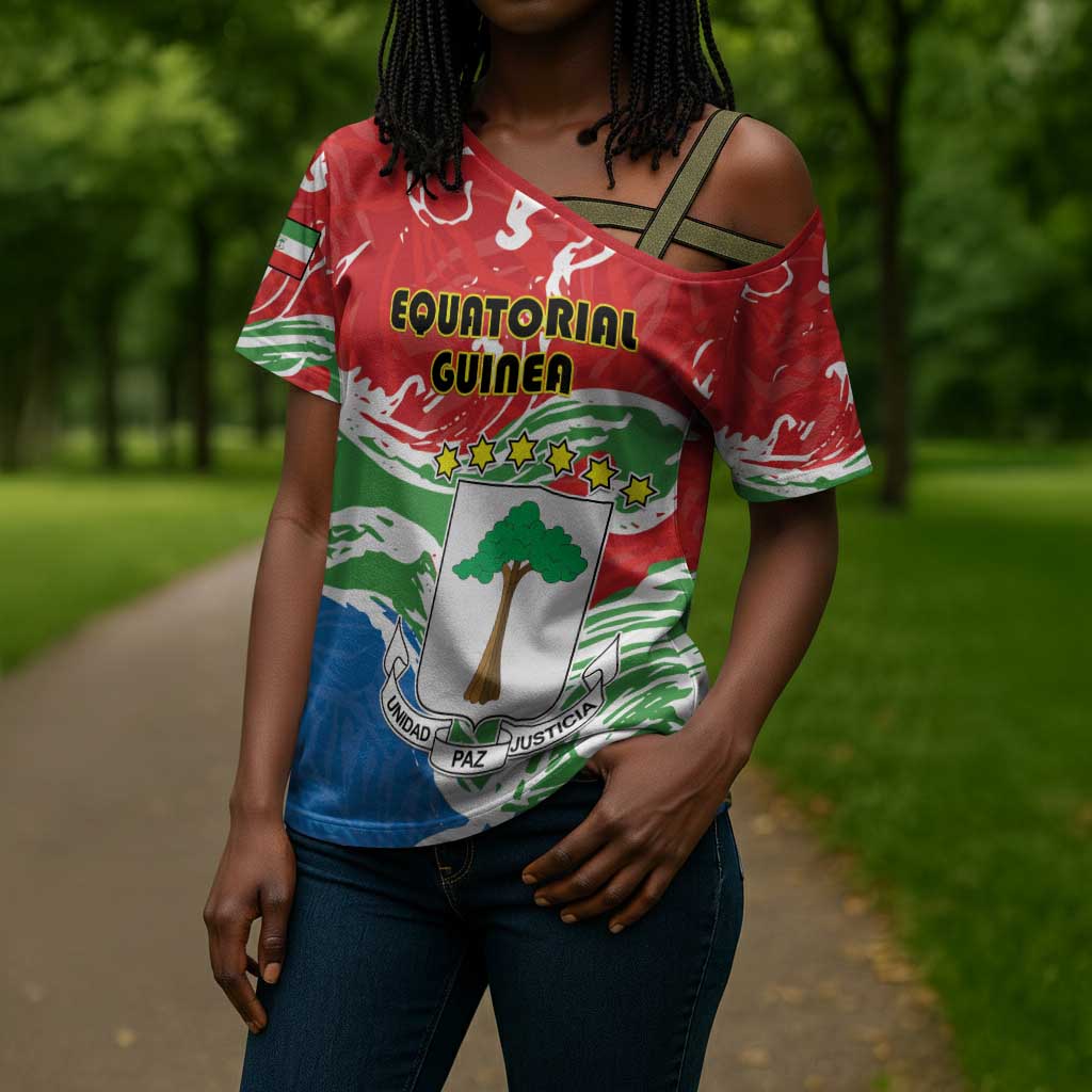 Personalized Equatorial Guinea Independence Day Cross Shoulder Shirt Coat Of Arms With Map