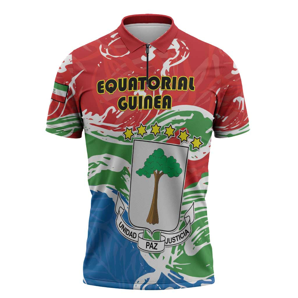 Personalized Equatorial Guinea Independence Day Zipper Polo Shirt Coat Of Arms With Map